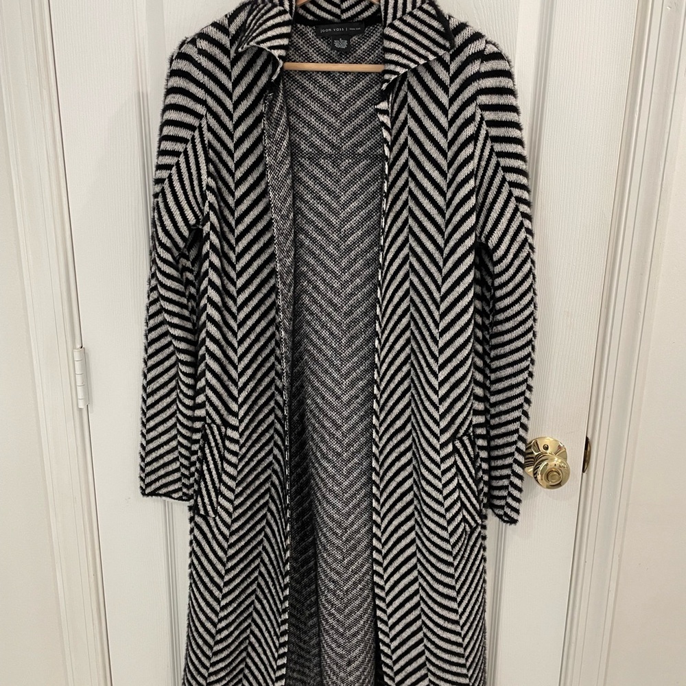 Joan Vass Black and White Chevron Cardigan Sweater